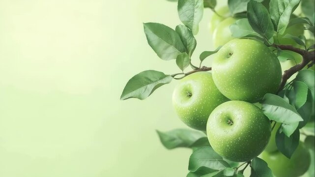 Green apples on branches on green background with copy space