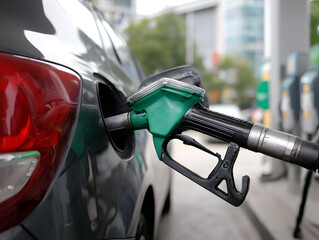 Transportation and Energy Concept Showing Gas Pump in Action Refueling Car with Focus on Fuel Efficiency