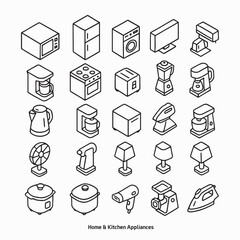 A minimal line icon set of household appliances. Includes microwave, fridge, oven, toaster, fan, vacuum, iron, and more. Perfect for UI, info graphics, or web design