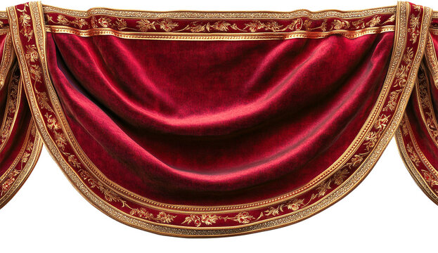 Red velvet drapery with gold trim isolated on transparent PNG