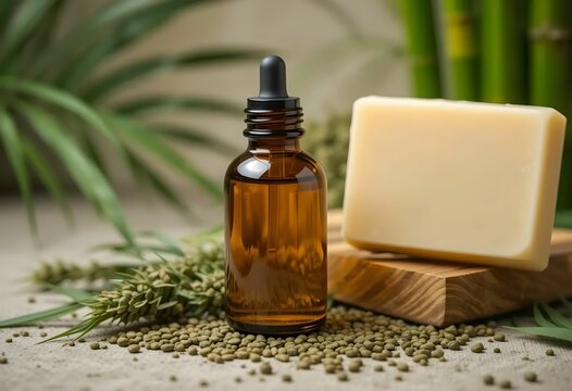 Imege of hemp seed oil in apothecary-style bottle with natural soap, palm leaf and bamboo background, eco skincare concept.