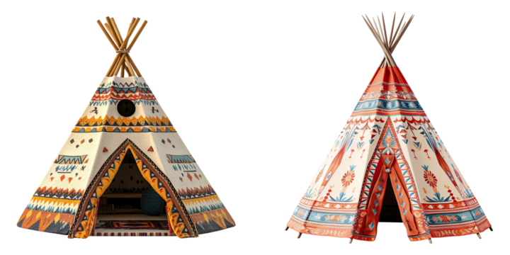 A collection of teepee houses isolated on a transparent background