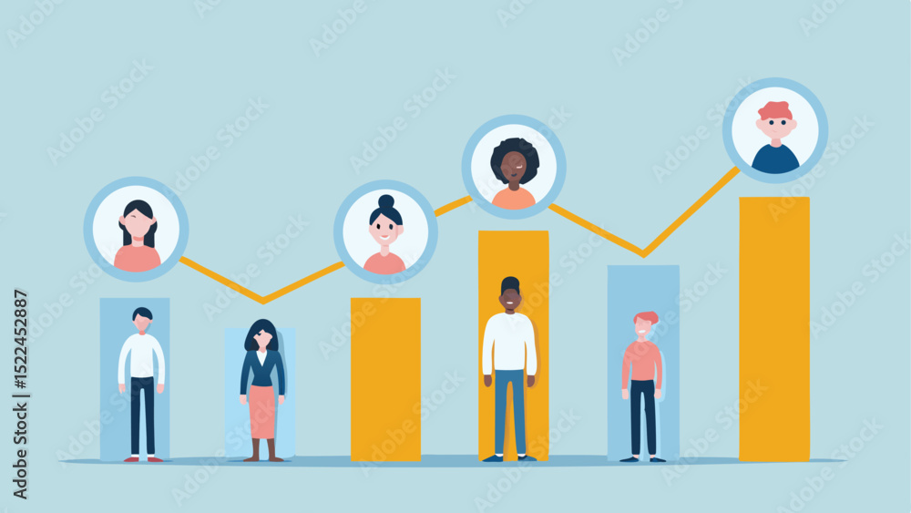 Poster illustration of diverse people with bar graph and connecting line showing growth and connection
