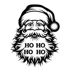 Stylized Santa Portrait with Hat and Ho Ho Ho Lettering in Black and White