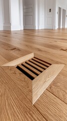 Elegant modern living room featuring a sleek recessed floor air vent integrated into beautiful hardwood flooring for a seamless look.