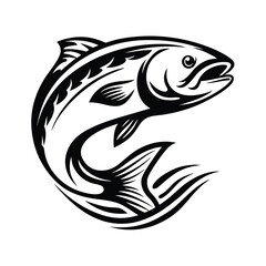 Stylized Jumping Fish Illustration, Black And White Silhouette, Curved Body, Fins Detail