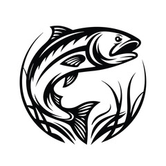 Jumping Salmon Fish Silhouette, Black Ink Art, Round Frame, Nature Illustration, Wildlife