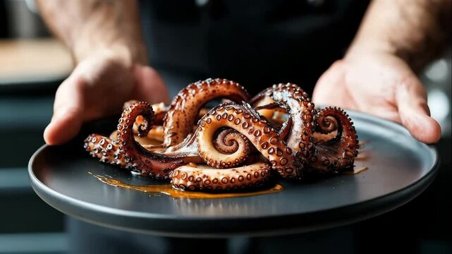 Chef is holding plate with cooked octopus, dark background with copy space