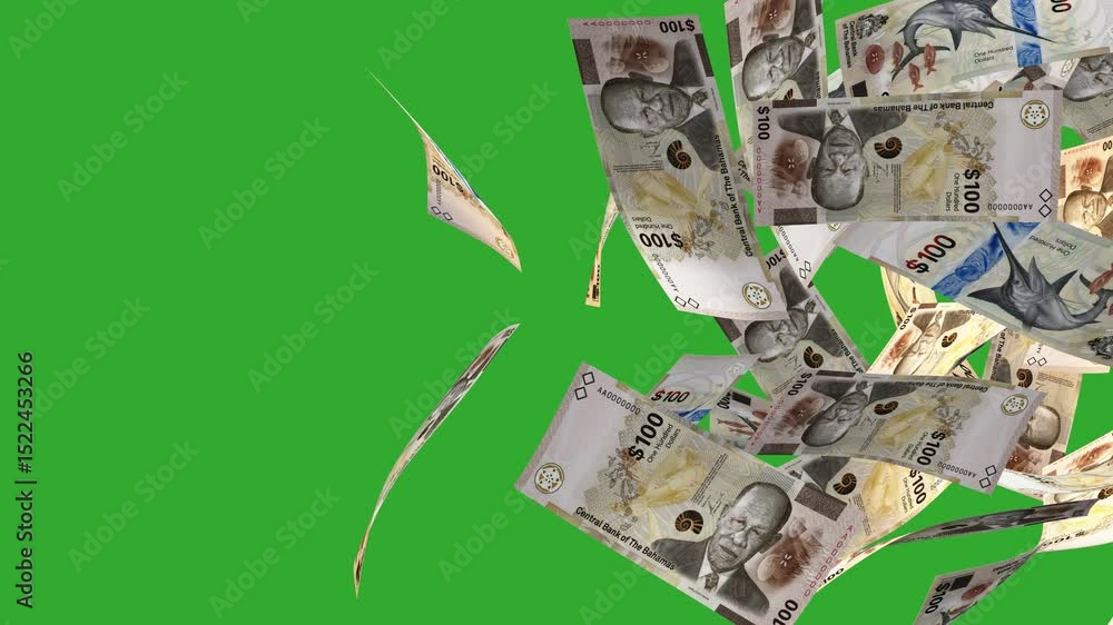 Poster 3d animation of bahamian dollar notes moving flying passing blown away from left to right on green s