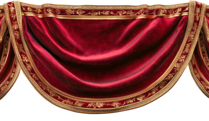 Red velvet drapery with gold trim isolated on transparent PNG