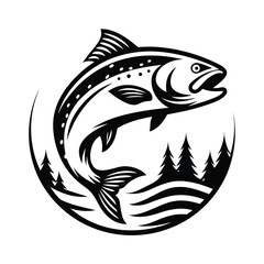 Jumping Salmon Fish Silhouette with Fir Trees Inside Circle, Wildlife Icon Isolated