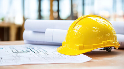 Yellow hard hat rests on top of architectural blueprints, symbolizing construction and safety in professional environment