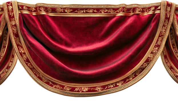 Red velvet drapery with gold trim isolated on transparent PNG