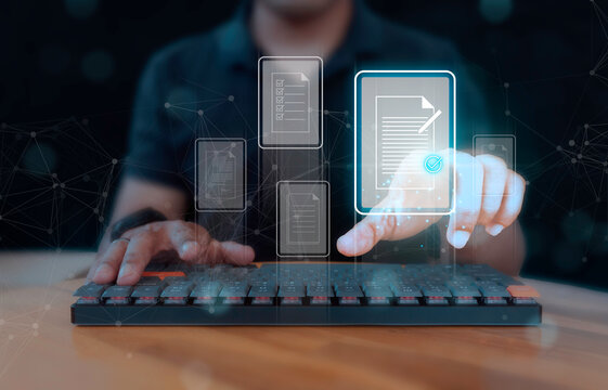 Users use information management systems, search engines, and online file transfers on virtual screens, download or share, and digital cloud storage services networks. Technology analysis concept.