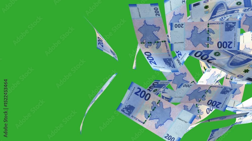 Poster 3d animation of azerbaijani manat notes moving flying passing blown away from left to right on green