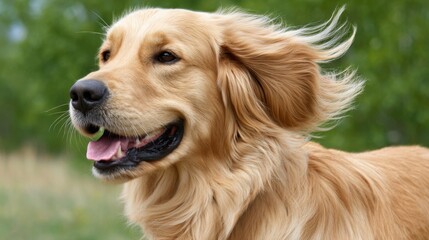 Golden Retriever with wind-blown fur, enjoying the outdoors, open mouth, blurred green background.