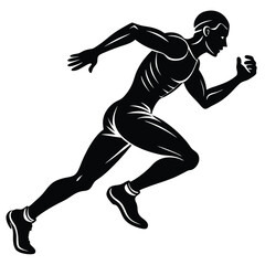 Black Silhouette of Man Running Fast on Grass With Horizontal Speed Lines Background