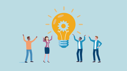 Group of people supporting a large lightbulb with a gear inside it on a light blue background