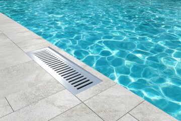 Obraz premium A clear, blue swimming pool with a metal grate drain on the pool deck, clean and inviting poolside, tranquil pool setting on a sunny day.