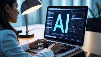 Focused woman in a light blue shirt works on a laptop displaying AI programming software at a modern office desk under warm lamplight during the evening