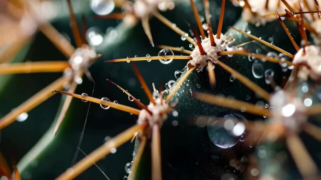 Closeup of a succulent cactus plant with sharp spikes and refreshing water droplets on its skin in bright light.