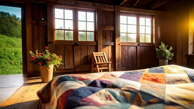 Warm and Cozy Interior of a Rustic Cabin with Quilt Covered Bed, Sunlight Streaming Through the Windows, and Wooden Details