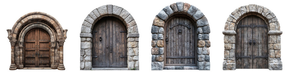 A collection of vintage stone arch doors isolated on a transparent background
