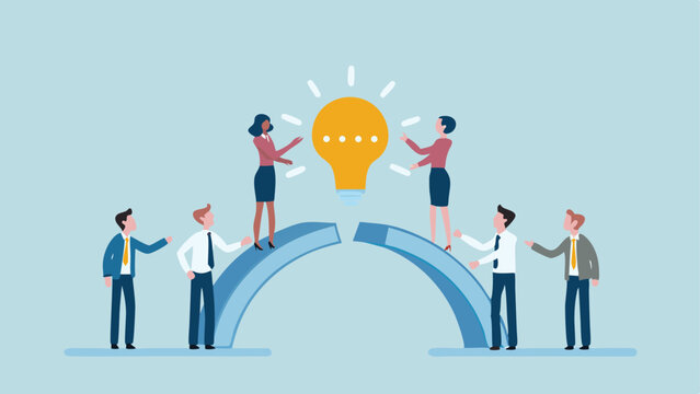 Teamwork illustration with people on bridges and a lightbulb in the center on a blue background