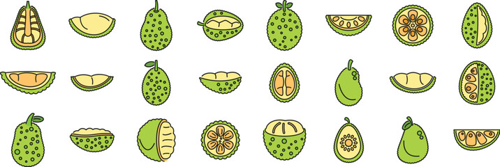 Vibrant set of jackfruit icons showcasing the tropical fruit's diverse forms, from whole to sliced, highlighting its unique texture and internal structure