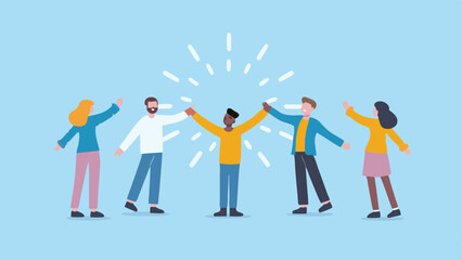 Diverse group of people standing with arms raised in celebration against a light blue background