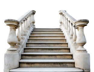 Elegant stone staircase with balustrade isolated on transparent PNG