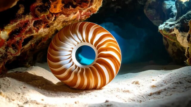 Nautilus shell resting on the seabed, coral reef formation, ocean background, marine environment, underwater scene, beautiful tropical ambiance