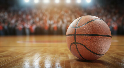 Naklejka premium Basketball rests on polished court with blurred crowd in background, creating energetic atmosphere