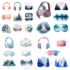 Naklejka premium Calm and dreamy watercolor illustration set featuring headphones, eye masks, nature scenes, and relaxation elements like candles and books.