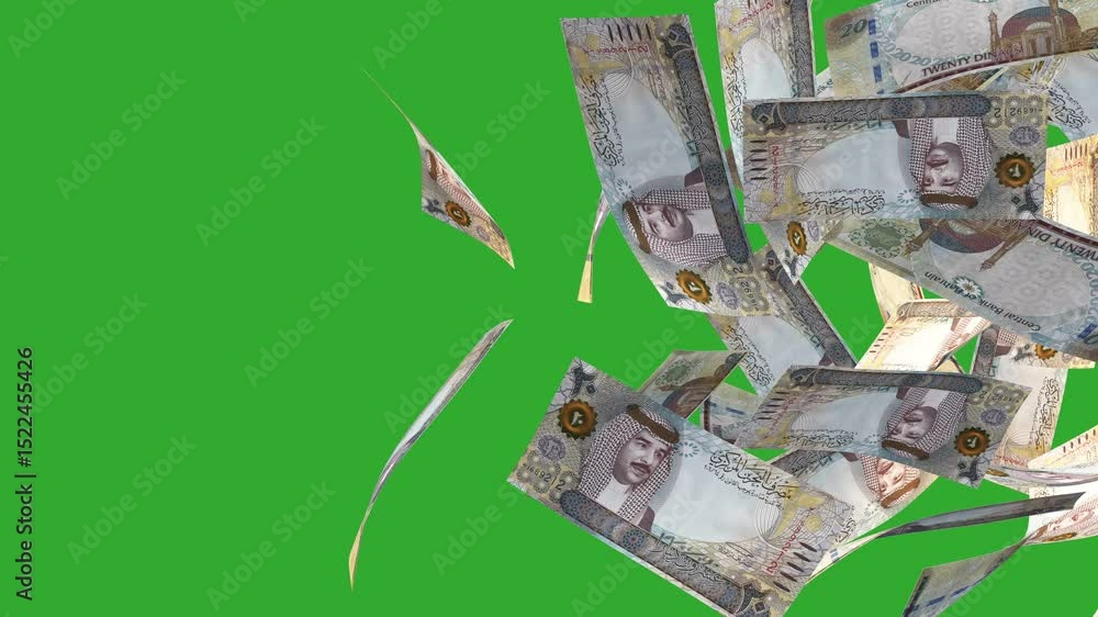 Poster 3d animation of bahraini dinar notes moving flying passing blown away from left to right on green sc