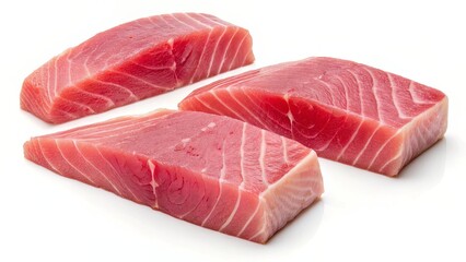 A set of vibrant raw tuna cuts, each with delicate white marbling lines and warm pink-red hues, arranged cleanly on a white background.