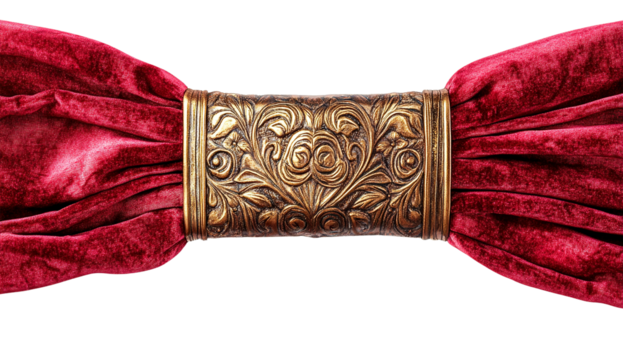 Ornate gold metal clasp with crimson velvet drapery isolated on transparent PNG