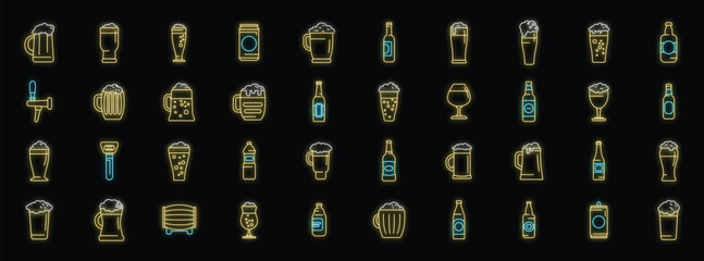 Bright neon beer icons represent different types of beer glasses, bottles, mugs, and other brewery equipment, glowing on a dark background