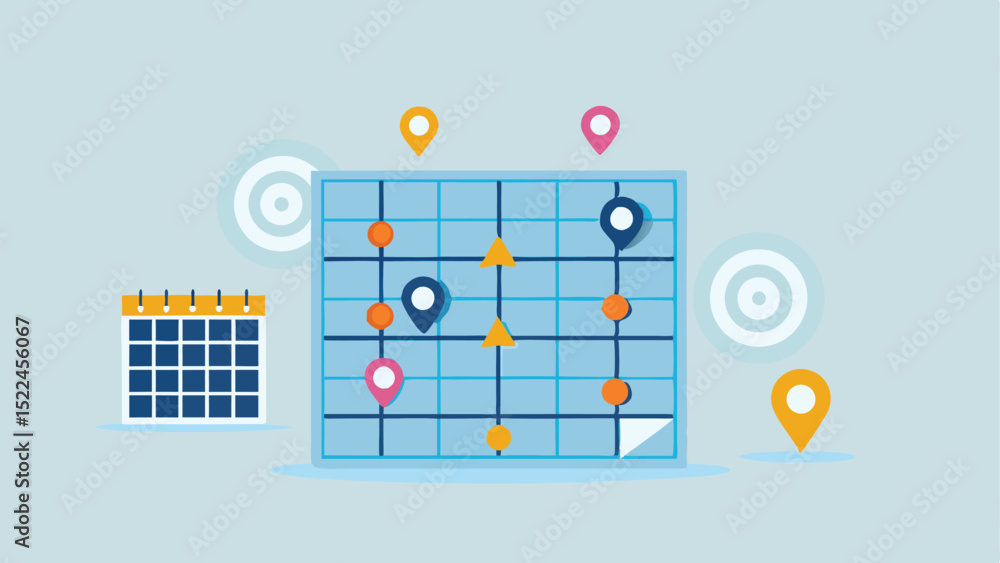 Poster a schedule grid with location pins and a calendar for planning and organization of events and tasks