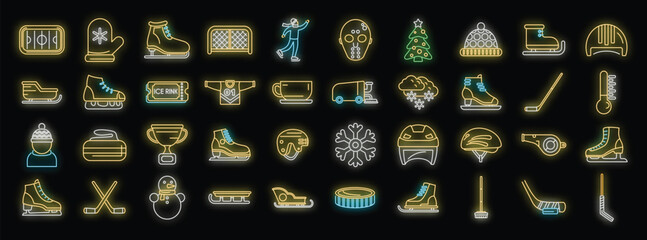 Neon icons representing various winter sports, including ice hockey equipment, ice skating, festive elements, and winter accessories, create a vibrant and glowing winter scene