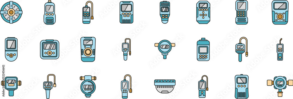 Poster set of colorful icons representing various gas detectors, highlighting different technologies and ap