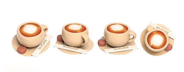 coffee cup with richness of the coffee foam with sugar packets and cookie 3d icon render illustration