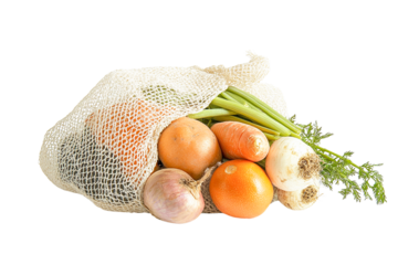Fresh produce in reusable net bag isolated on transparent PNG