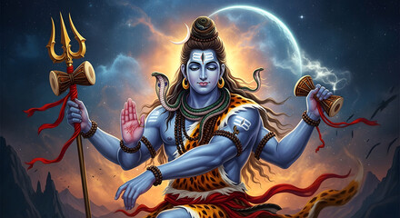 Fototapeta premium Majestic Lord Shiva Illustration Hindu Deity with Trident, Cobra, Drums, Galaxy Background, Spiritual Art.