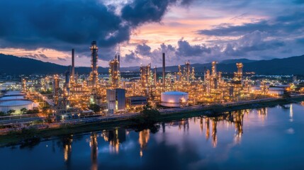 Naklejka premium Aerial view of large industrial refinery complex under clear blue sky with soft ambient lighting, showcasing modern energy production infrastructure