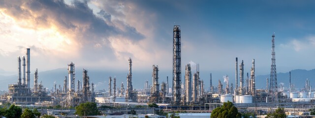 Aerial view of large industrial refinery complex under clear blue sky with soft ambient lighting, showcasing modern energy production infrastructure