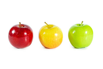 Red, yellow and green apples isolated on white background.