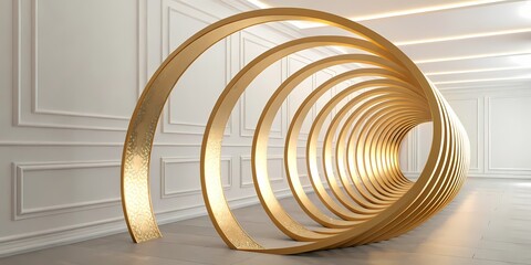 Golden Möbius strip-inspired loops repeating in fractal formation, emerging gently from a white wall panel, highlighted by soft top-down lighting for a futuristic luxe appeal