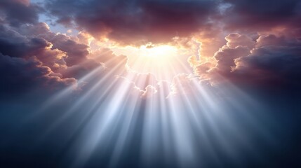 Sun rays breaking through dark clouds create dramatic sky scene