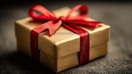Golden gift box with red ribbon bow on velvet, evoking luxury and celebration